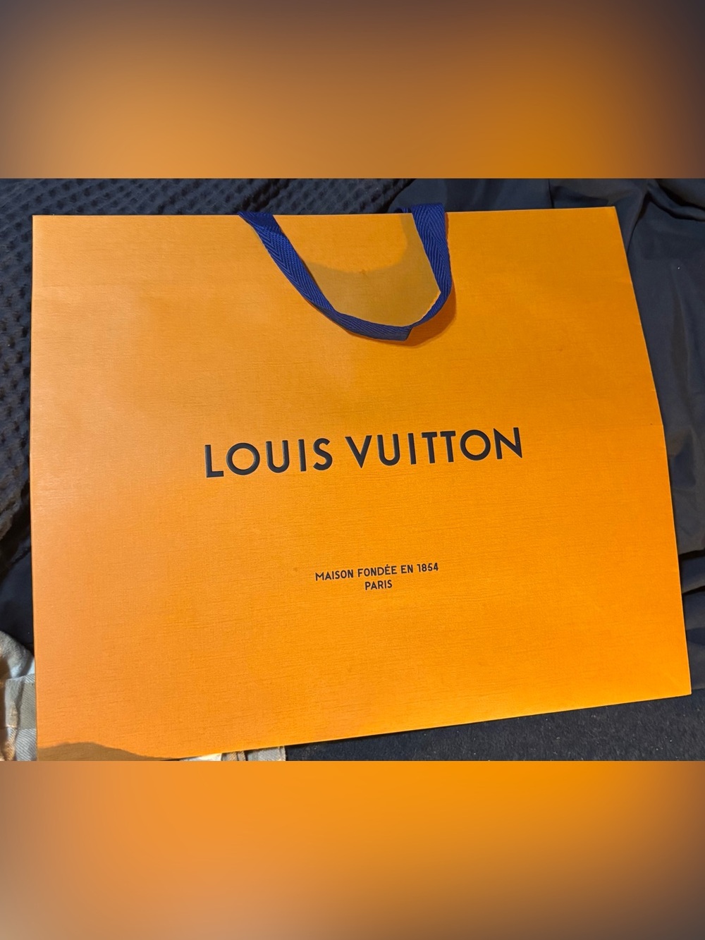 Louis Vuitton Bright Orange Gift Bag with Blue Ribbon Handles